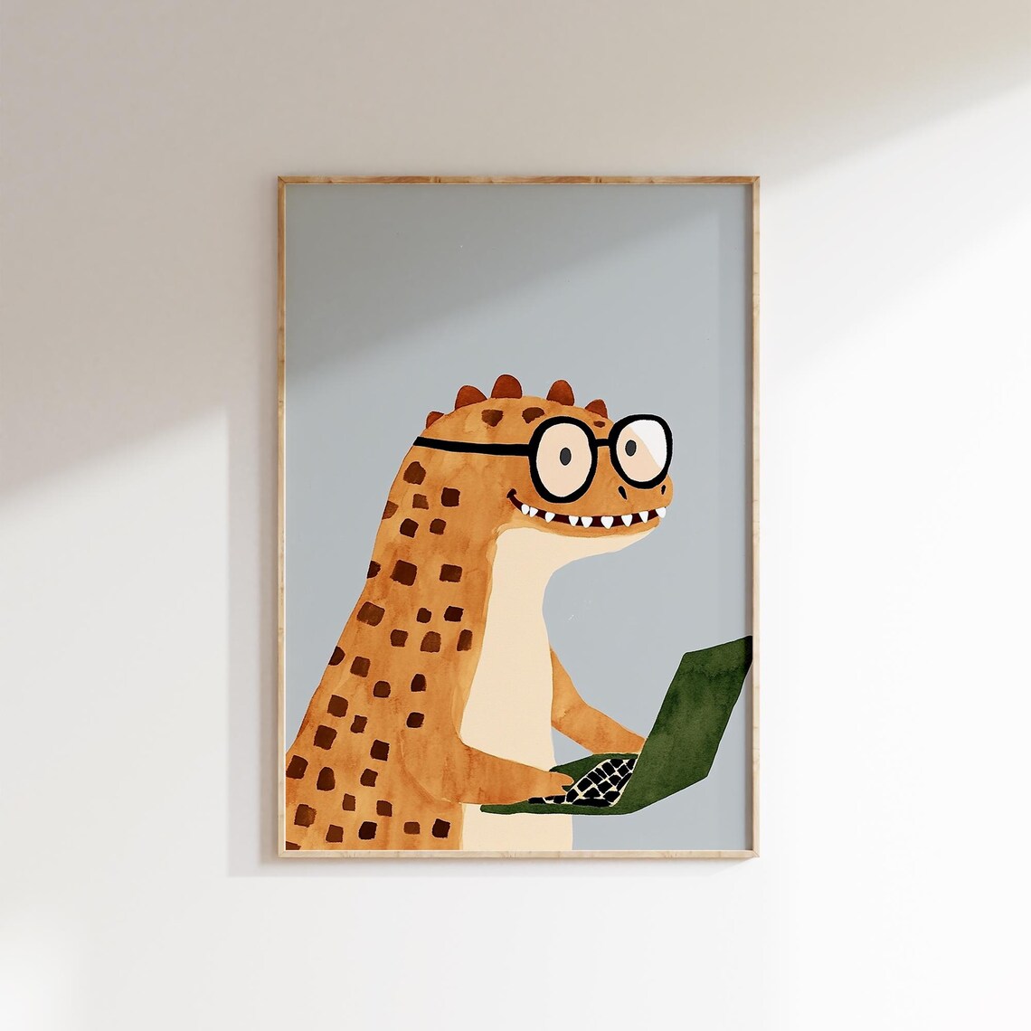 Funny Smart Dinosaur Glasses Green Laptop Kids Study Room Art Poster - Image 3