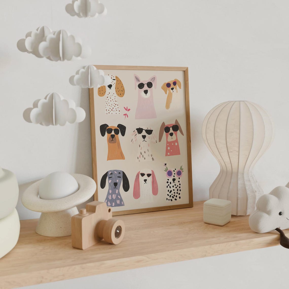 Nine Cool Dog Faces Sunglasses Spotted Beige Nursery Kids Art Poster - Image 4