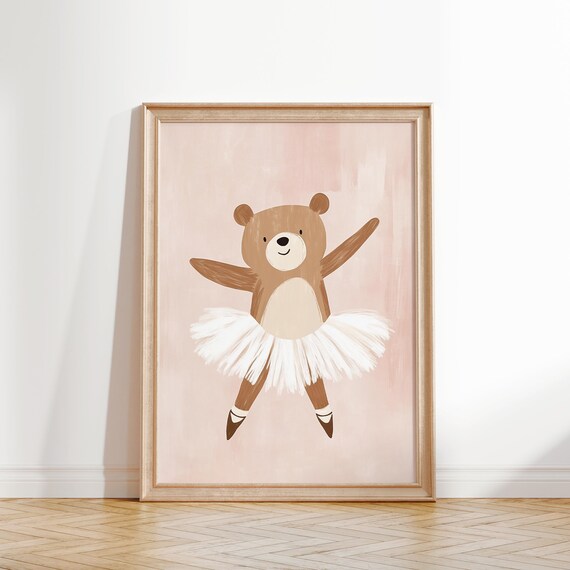 Ballerina Bear White Tutu Pointe Shoes Pink Nursery Girls Wall Art