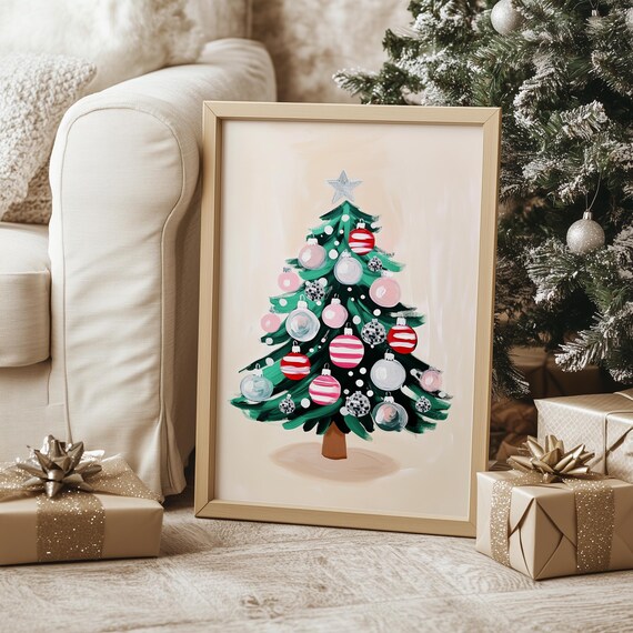 Pink Christmas Tree Ornaments Star Topper Holiday Decor Poster