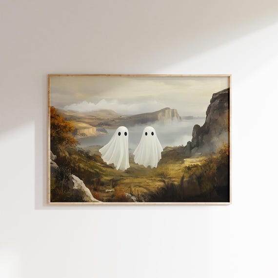 Cute Ghosts In Mysterious Landscape Halloween Art Print For Home Decor And Tv Frame Art Spooky Fall Wall Decor