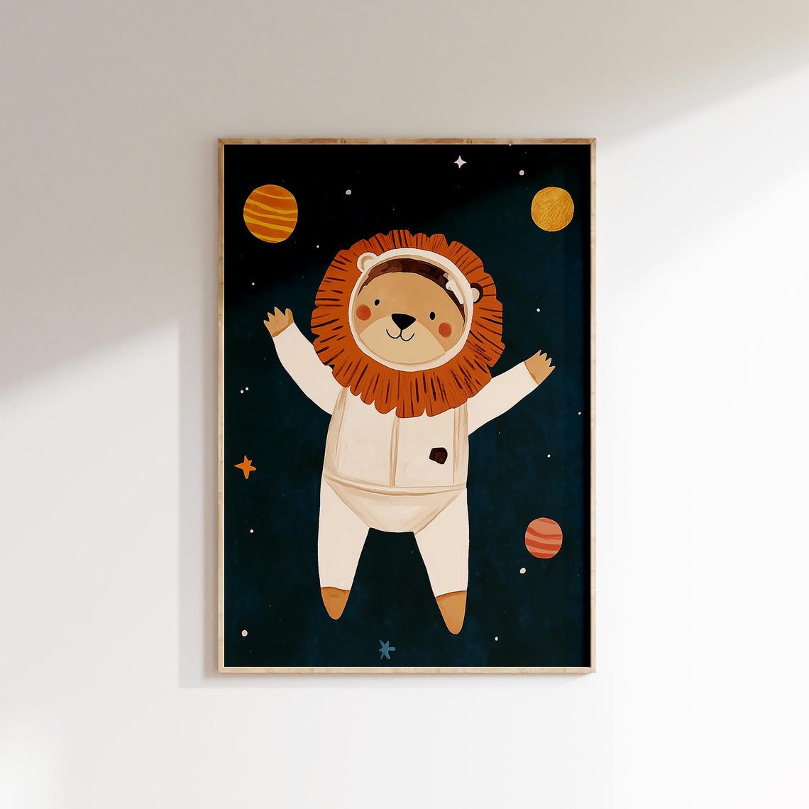 Cute Lion Astronaut Floating in Outer Space Kids Nursery Poster