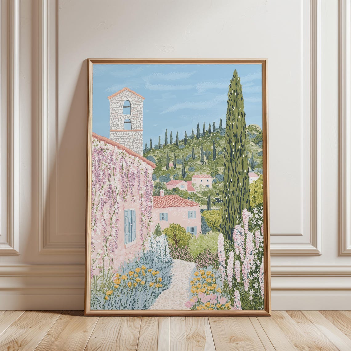 Provence Hill Town Bell Tower Cypress Lavender Path Summer Poster