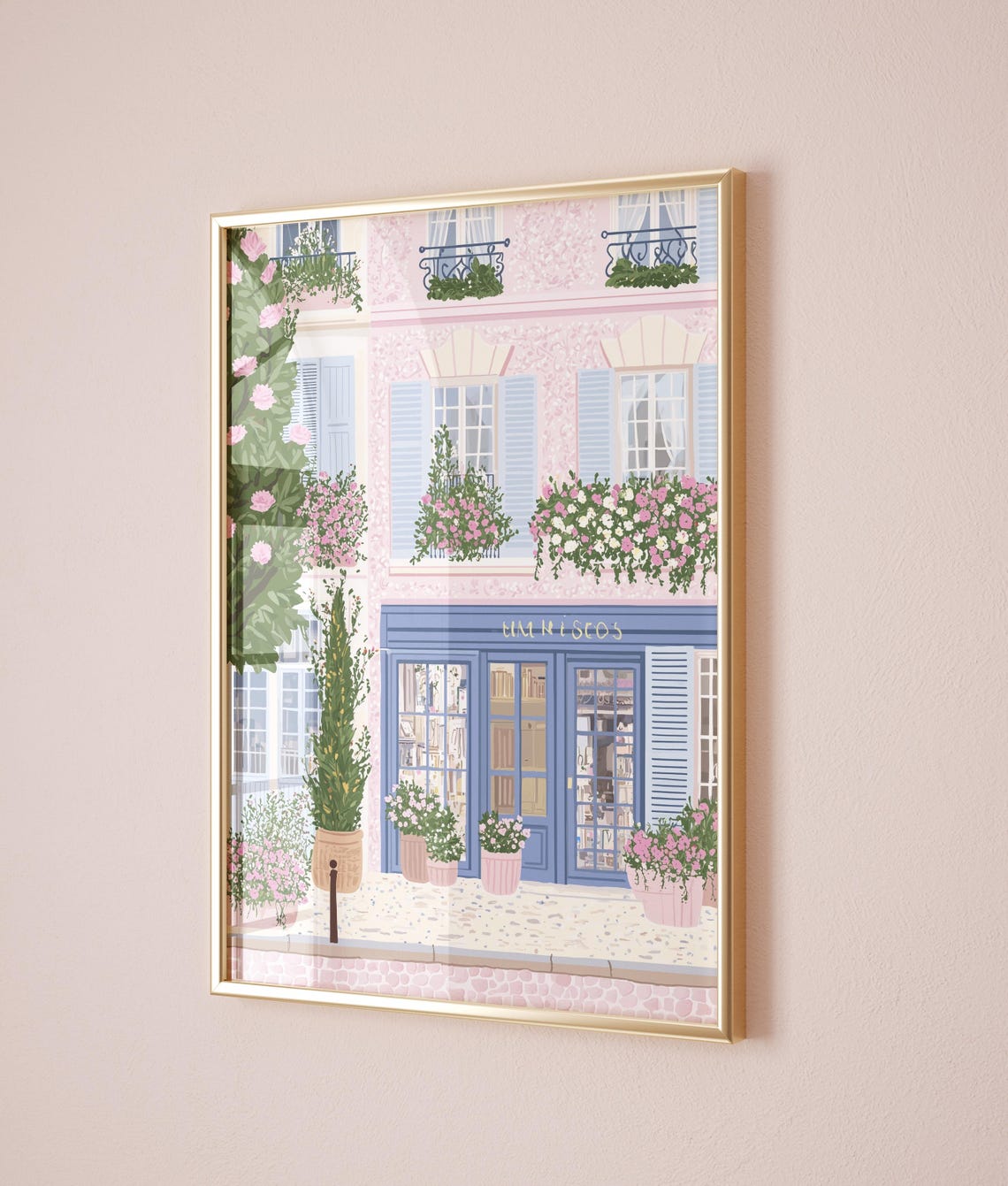 Parisian Blue Storefront Rose Tree Pink Building Spring Poster - Image 3