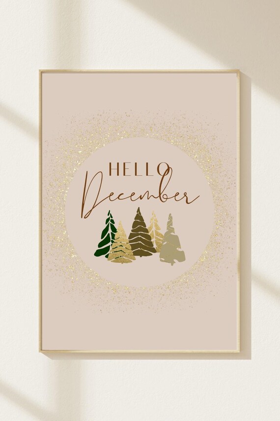 Hello December Gold Glitter Christmas Trees Blush Festive Poster