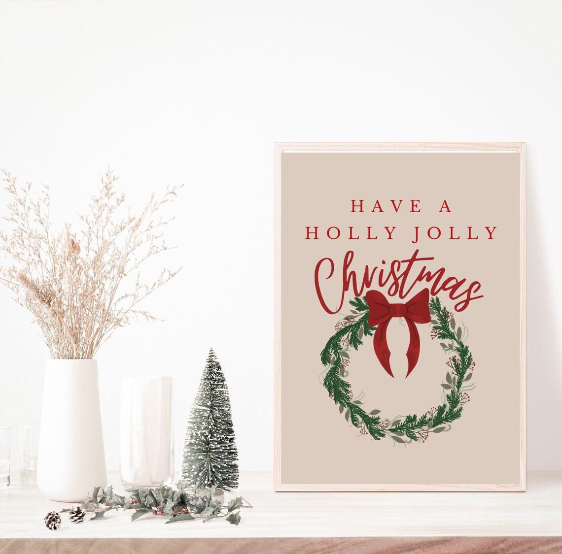 Have A Holly Jolly Christmas Wreath Red Bow Beige Holiday Poster - Image 3