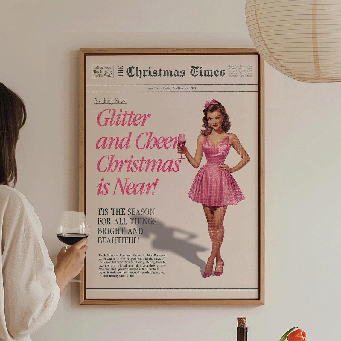 Glitter And Cheer Christmas Is Near Pink Pinup Vintage Wall Poster