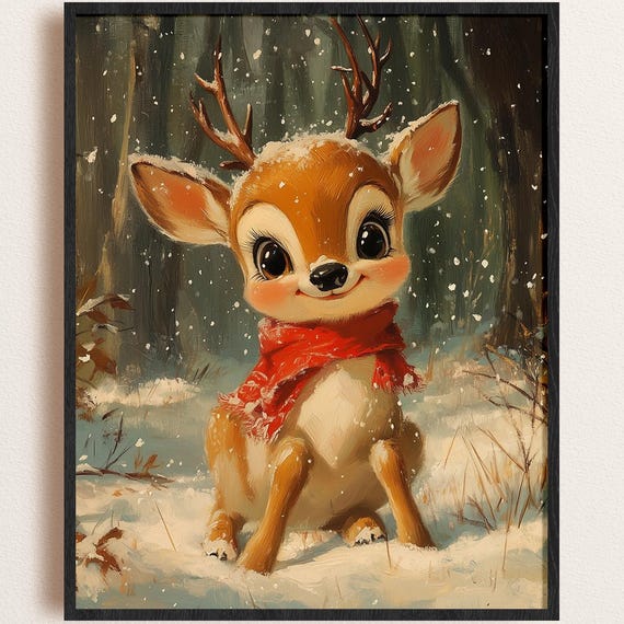 Cute Baby Reindeer Red Scarf Snowy Forest Christmas Holiday Winter Art Poster