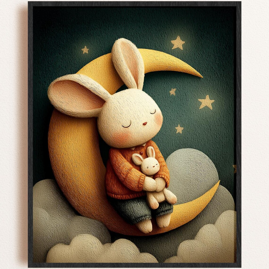 Sleeping Bunny On Crescent Moon Cute Baby Nursery Decor Wall Art