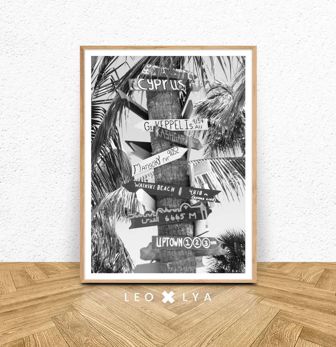 Black and White Palm Tree Travel Signs Waikiki Beach Photo Poster