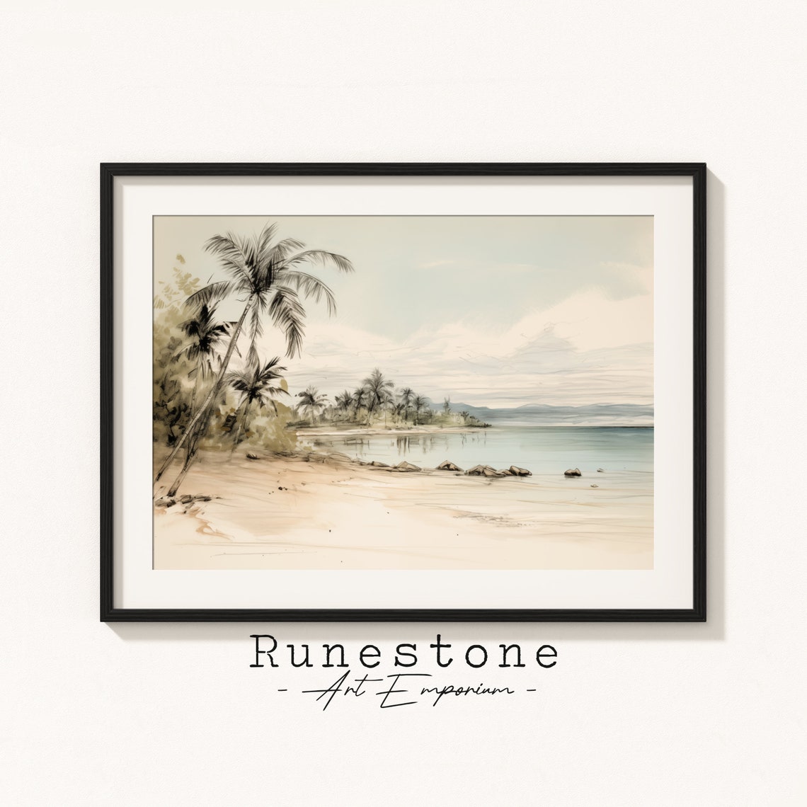 Leaning Palm Trees Sandy Beach Vintage Coastal Sketch Wall Art