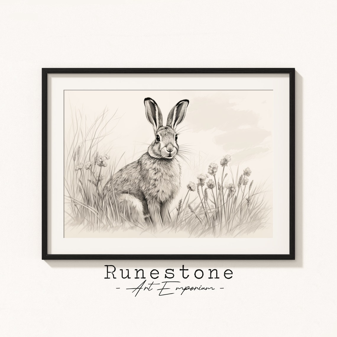 Wild Rabbit Illustration Spring Easter Wall Art Minimal Animal Portrait Pencil Drawing Decor Neutral Print