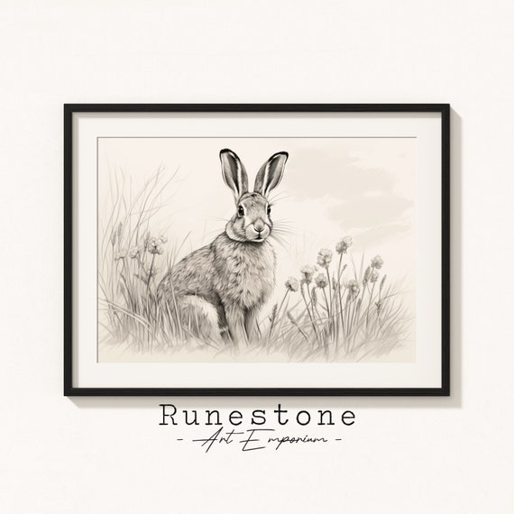 Wild Rabbit Illustration Spring Easter Wall Art Minimal Animal Portrait Pencil Drawing Decor Neutral Print