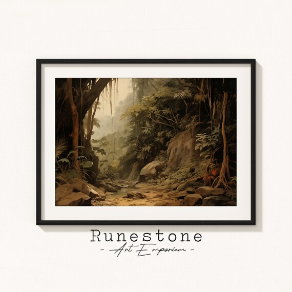 Antique Moody Jungle Sketch Dark Tropics Wall Art Tropical Bohemian Hand Drawn Natural Landscape Print