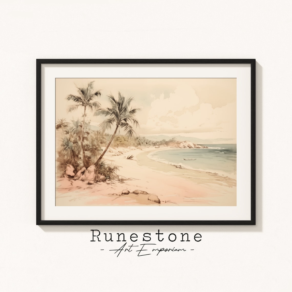 Vintage Tropical Bay Sketch Palm Tree Beach Landscape Art Poster