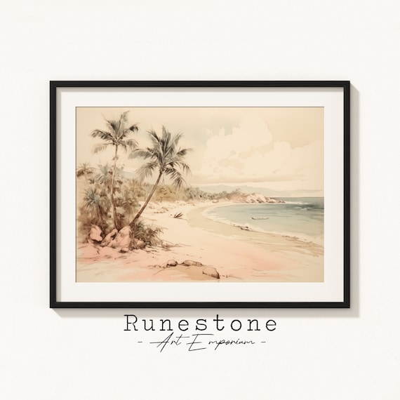 Vintage Tropical Bay Sketch Palm Tree Beach Landscape Art Poster