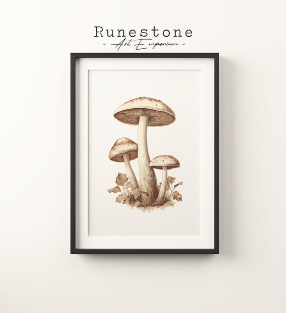 Vintage Botanical Mushrooms Sepia Forest Fungi Illustration Wall Art