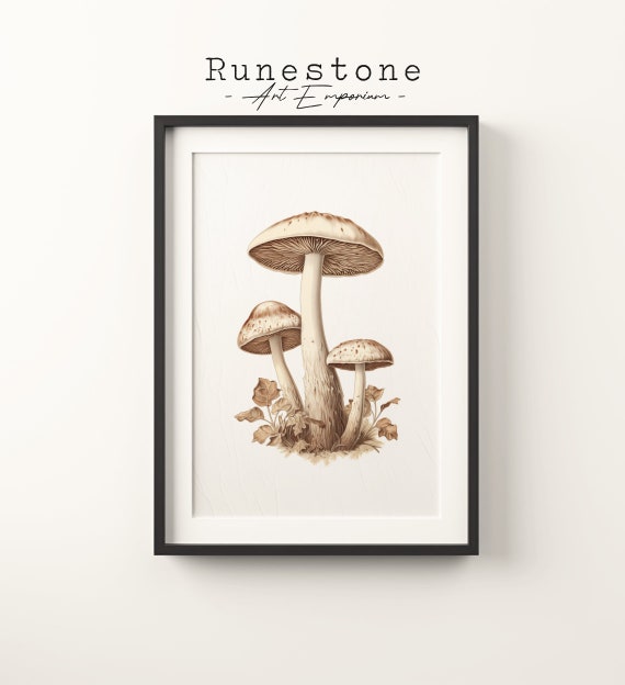 Vintage Mushroom Sketch Floral Boho Wall Art Organic Minimalist Bohemian Hand Drawn Country Print