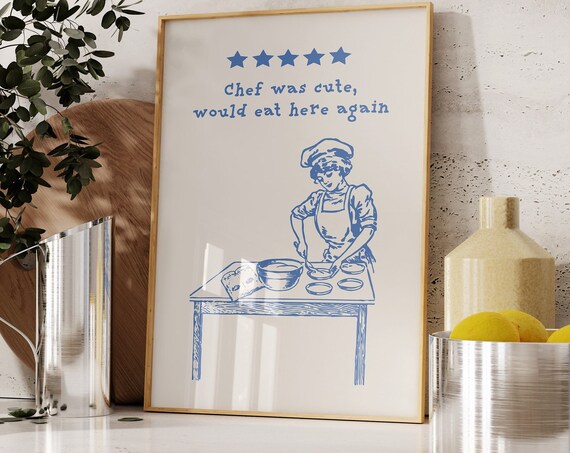Review Chef Was Cute Would Eat Here Again Print Positive Poster Red Retro Style Wall Art Hand Drawn Typography Trendy Horizontal