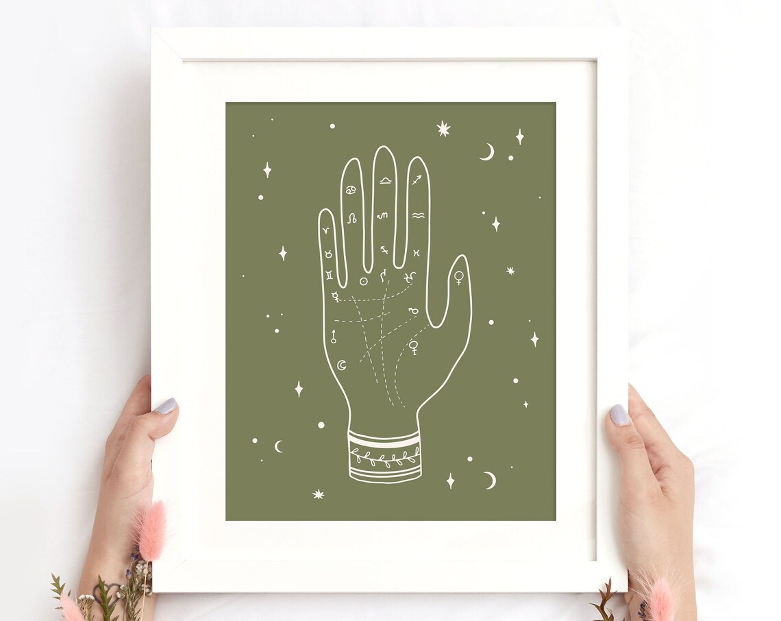 Mystical Palmistry Hand Art Poster Green Bohemian Zodiac Design