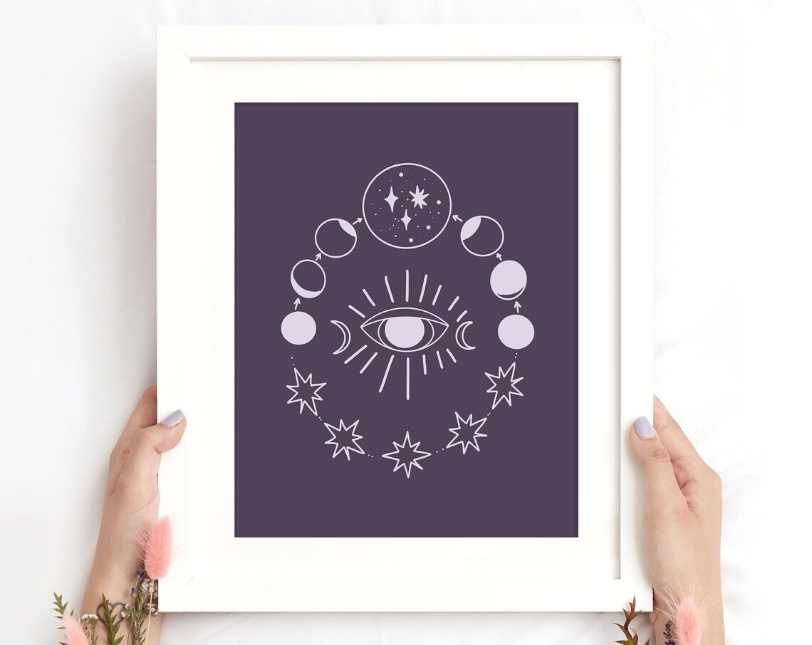 Celestial Moon Phase Mystic Eye Purple Boho Witchy Wall Decor Poster