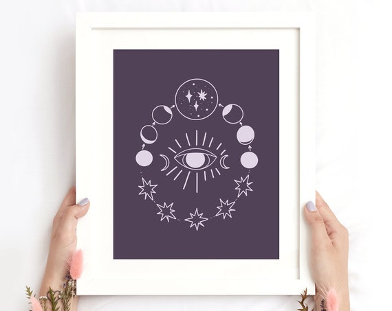Celestial Moon Eye Wall Art Mystic Bohemian Purple Poster Moon Phase Magical Wall Art Esoteric Witchy Decor Instant