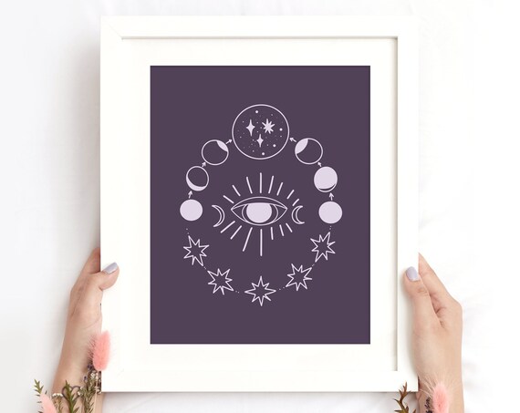 Celestial Moon Phase Mystic Eye Purple Boho Witchy Wall Decor Poster