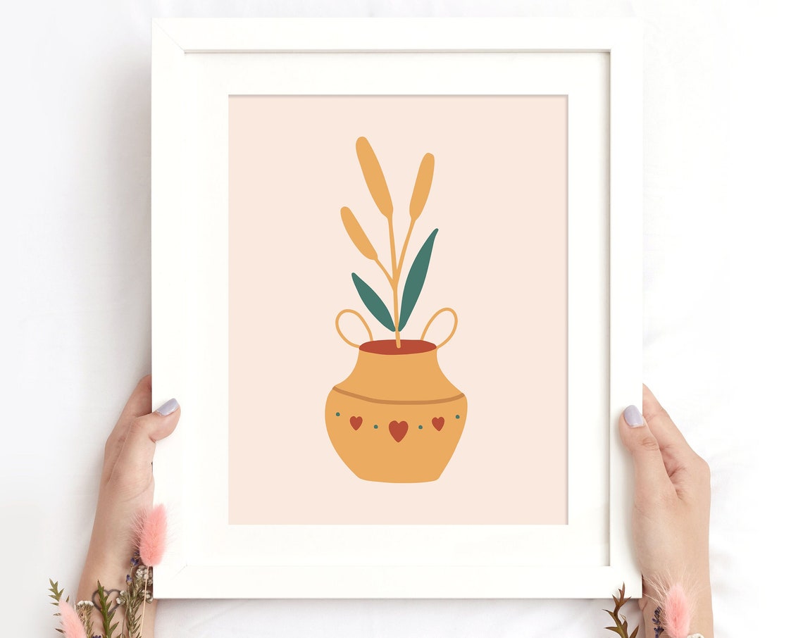 Wheat Stalks Terracotta Pot Hearts Boho Botanical Minimal Art Poster
