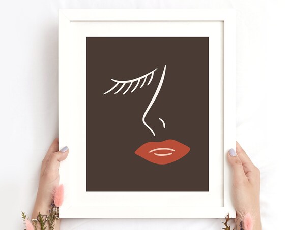 Minimalist Female Face Line Art Red Lips Closed Eye Dark Poster
