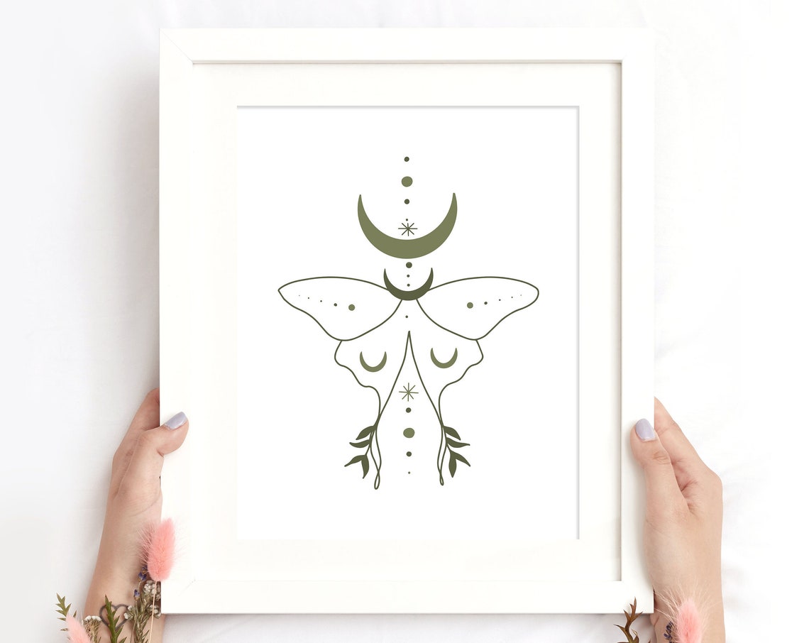 Moth Moon Butterfly Celestial Boho Mystical Green Line Art Poster