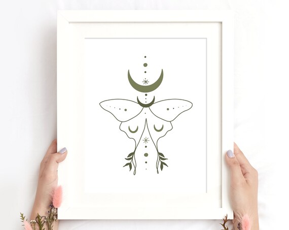 Moth Moon Butterfly Celestial Boho Mystical Green Line Art Poster