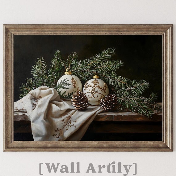 Moody Still Life Painting Christmas Wall Art Dark Academia For Living Room Farmhouse Holiday Rustic Decor