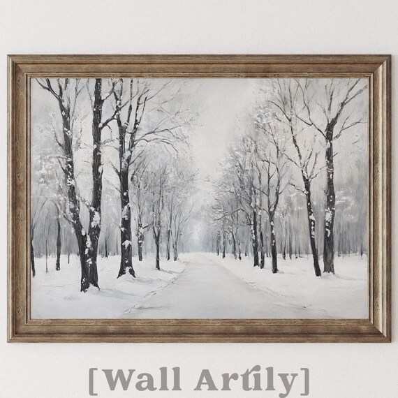 Snowy Bare Trees Lining A Misty Winter Path Monochrome Poster