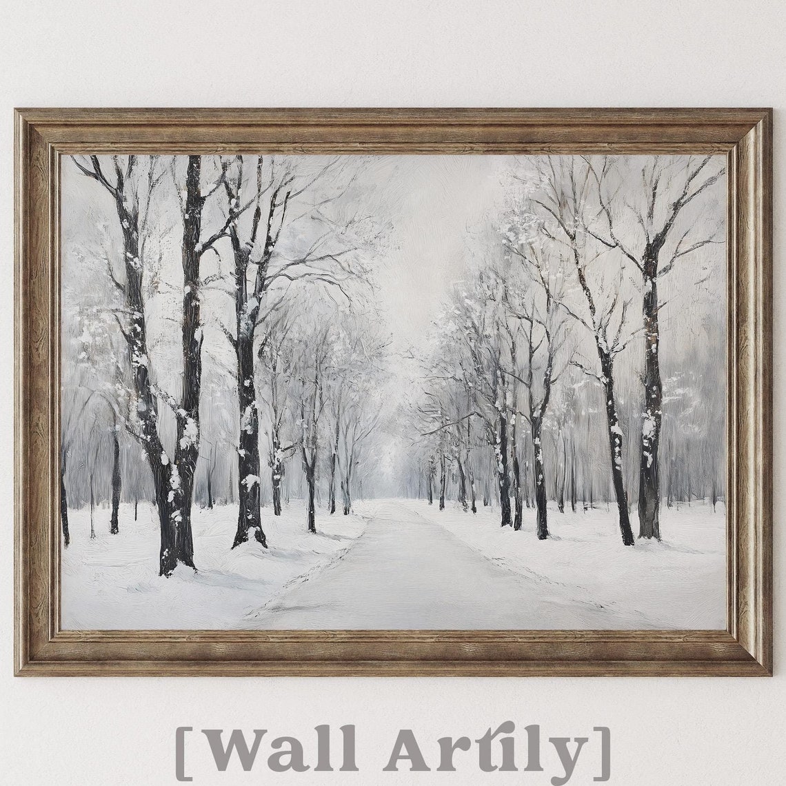 Snowy Bare Trees Lining A Misty Winter Path Monochrome Poster