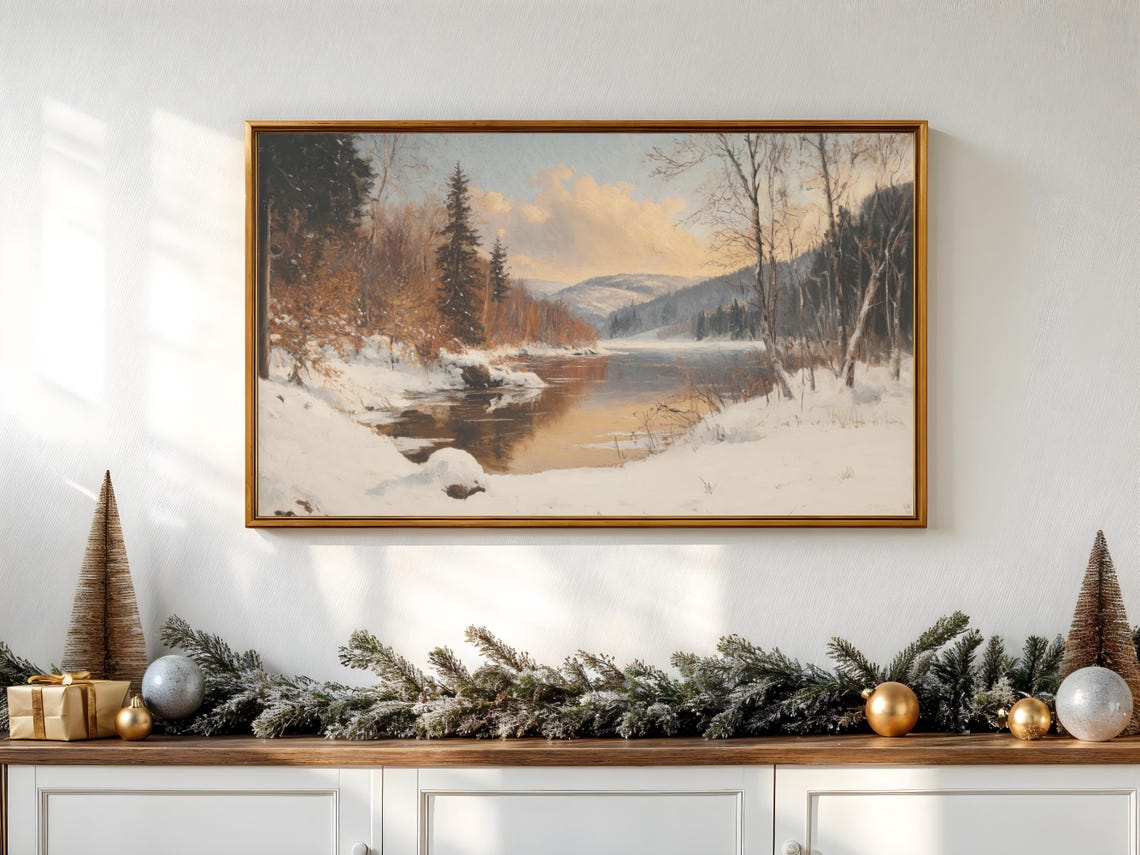 Snowy Winter River Bend Among Pines And Birches Sunset Glow Poster