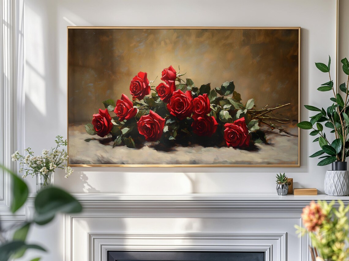 Red Roses Bouquet Warm Vintage Still Life Oil Painting Floral Poster - Image 4