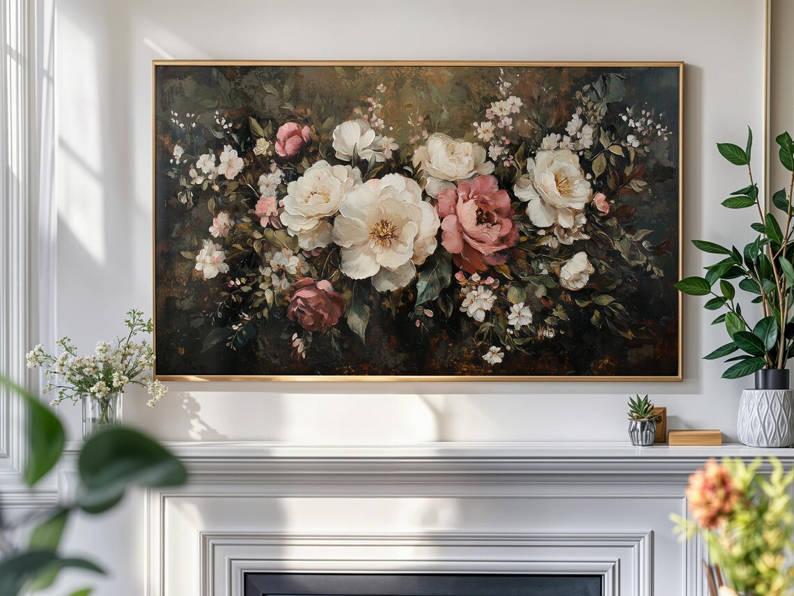 White and Pink Roses Dark Moody Vintage Botanical Floral Art Poster - Image 4
