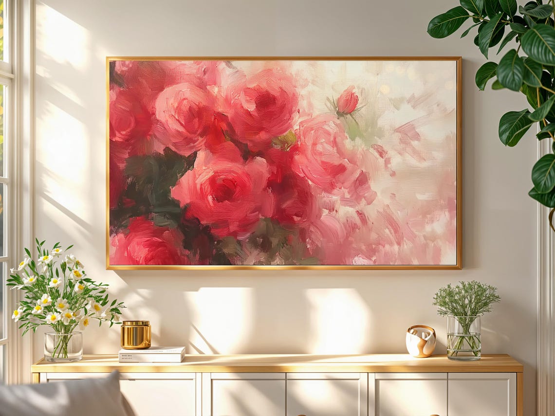 Pink Roses Loose Impressionist Vintage Romantic Floral Art Poster - Image 2