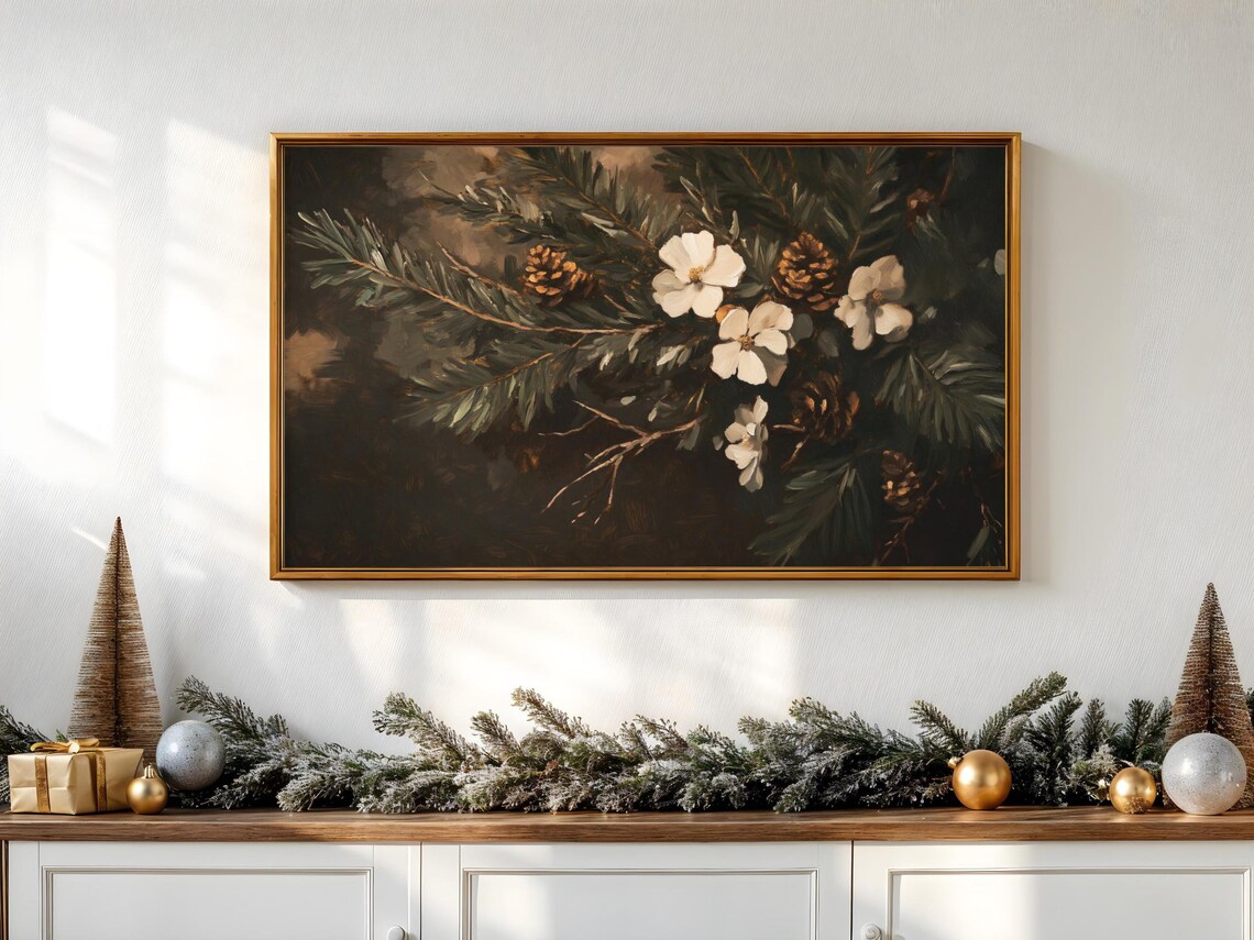 Winter Floral Frame TV Art, Vintage Christmas Print