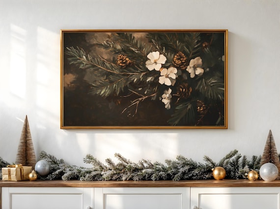 Winter Floral Frame TV Art, Vintage Christmas Print