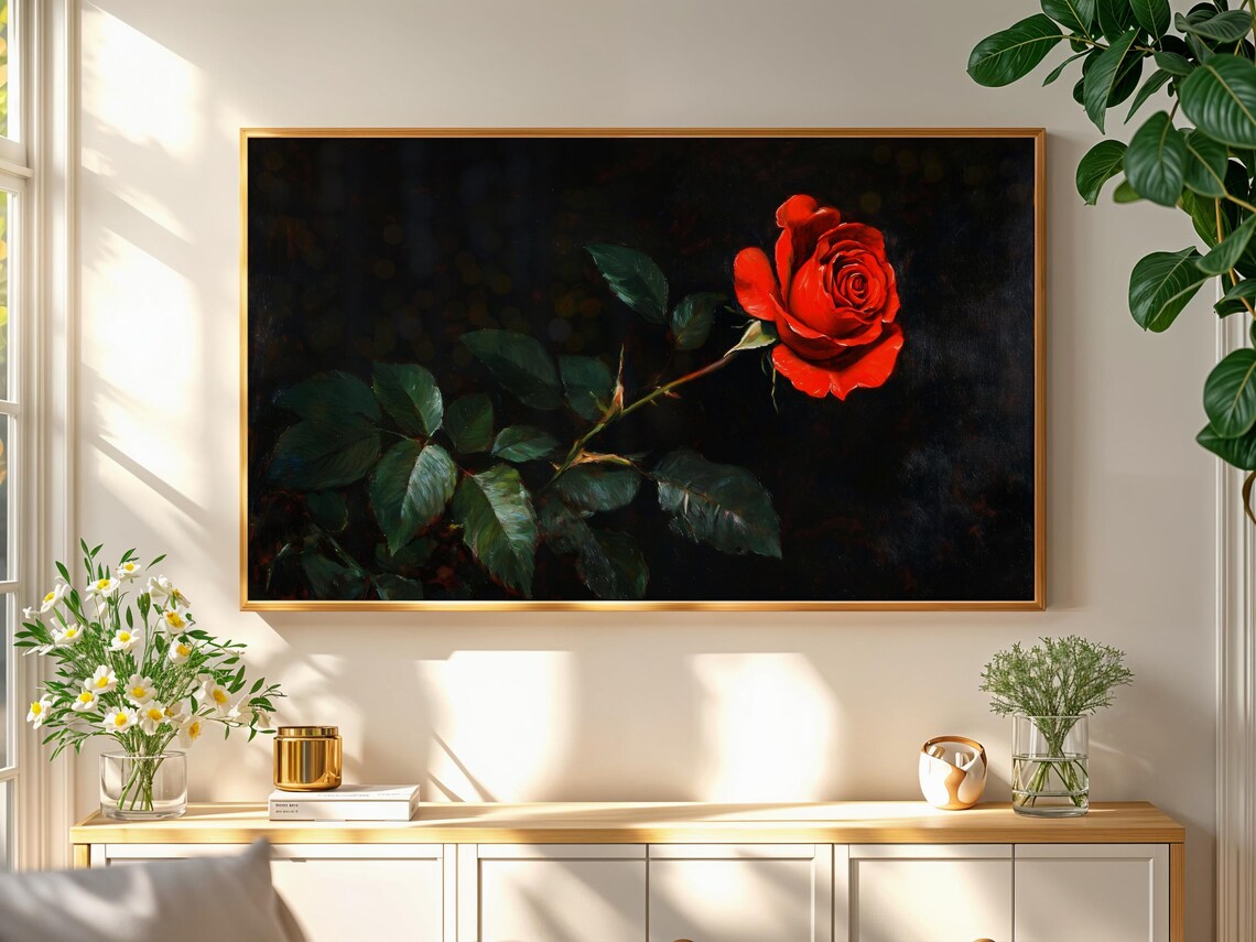 Dark Moody Red Rose Vintage Botanical Oil Painting Art Print - Image 2