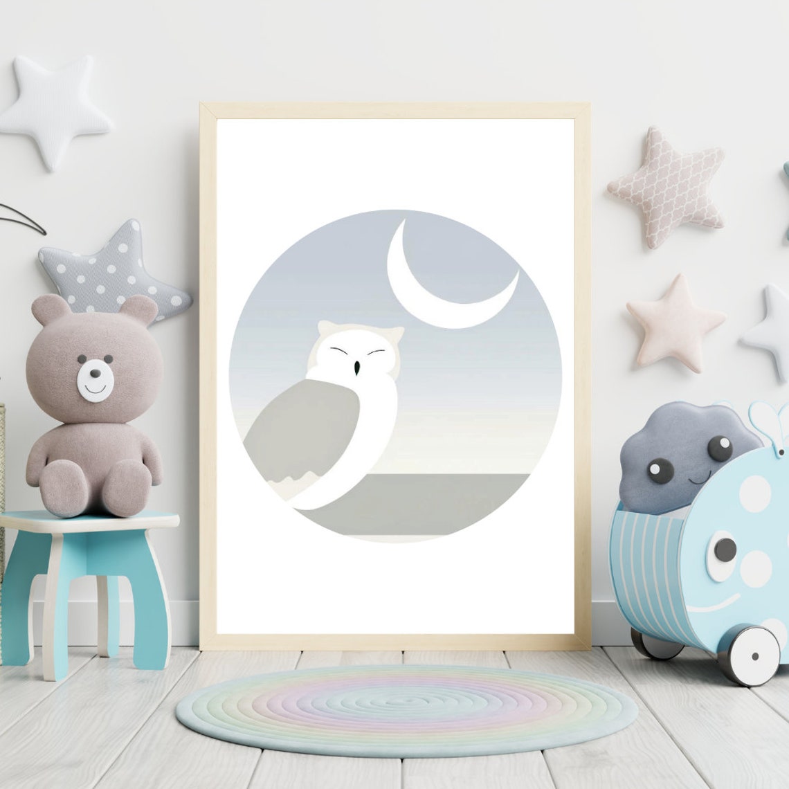 Dreamy Sleeping Owl Crescent Moon Night Sky Nursery Wall Poster
