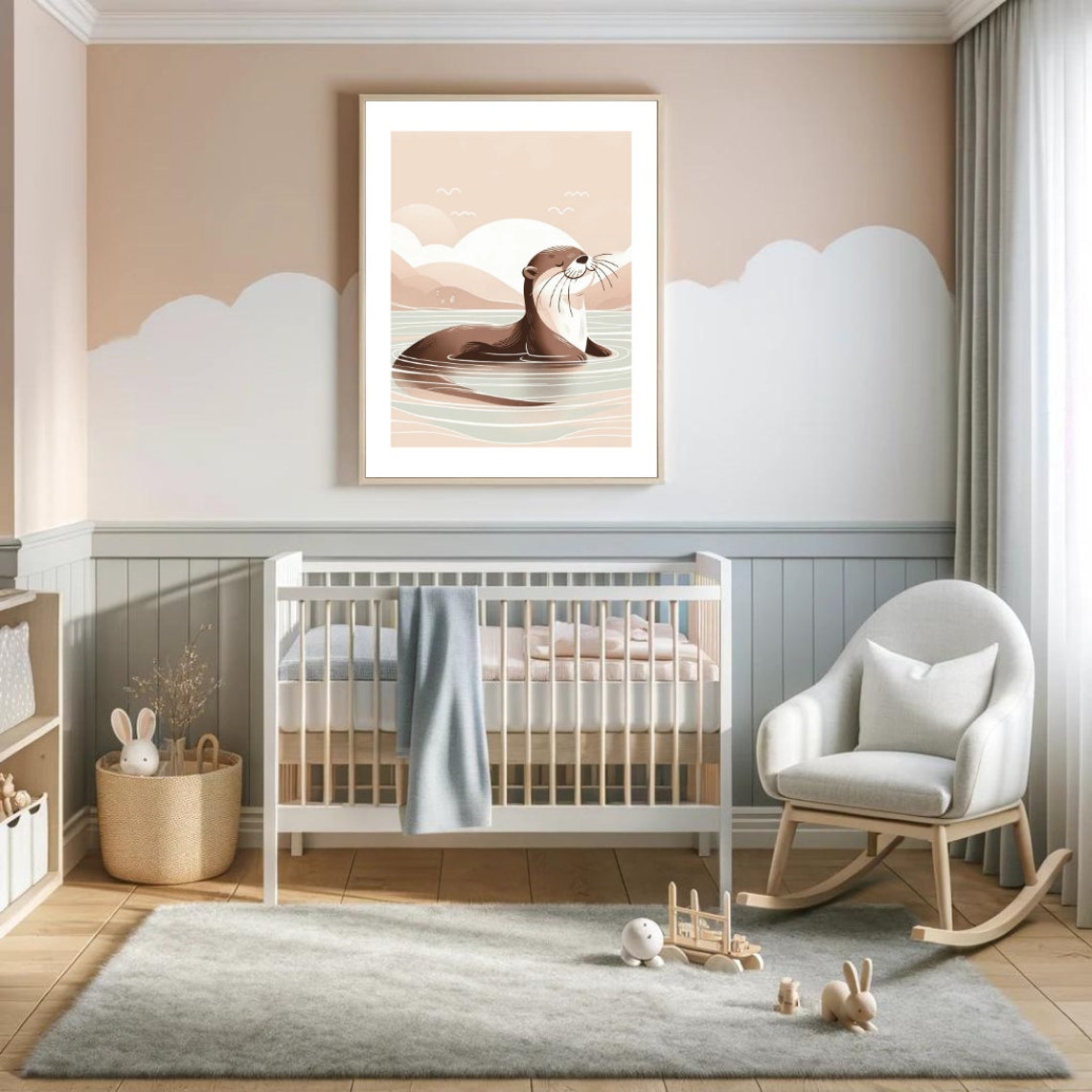 Tranquil Otter Floating Sunset River Soft Nursery Art Poster - Image 2