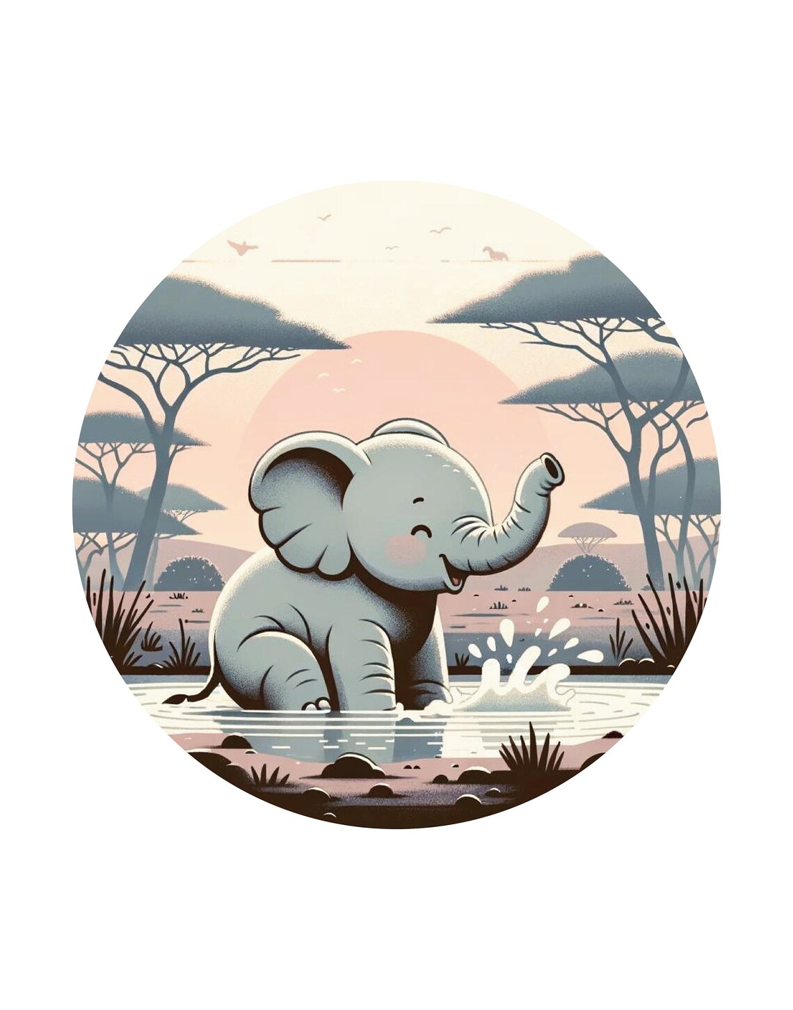 Baby Elephant Splashing Waterhole Safari Circle Acacia Nursery Print - Image 3