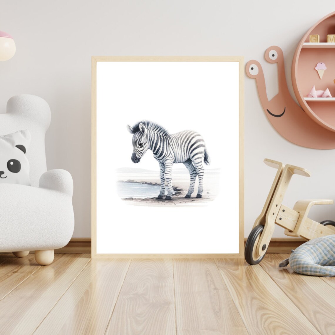 Baby Zebra Foal Waterhole Gentle Watercolor Safari Nursery Wall Art - Image 4