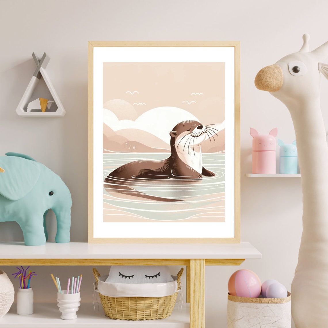 Tranquil Otter Floating Sunset River Soft Nursery Art Poster - Image 5