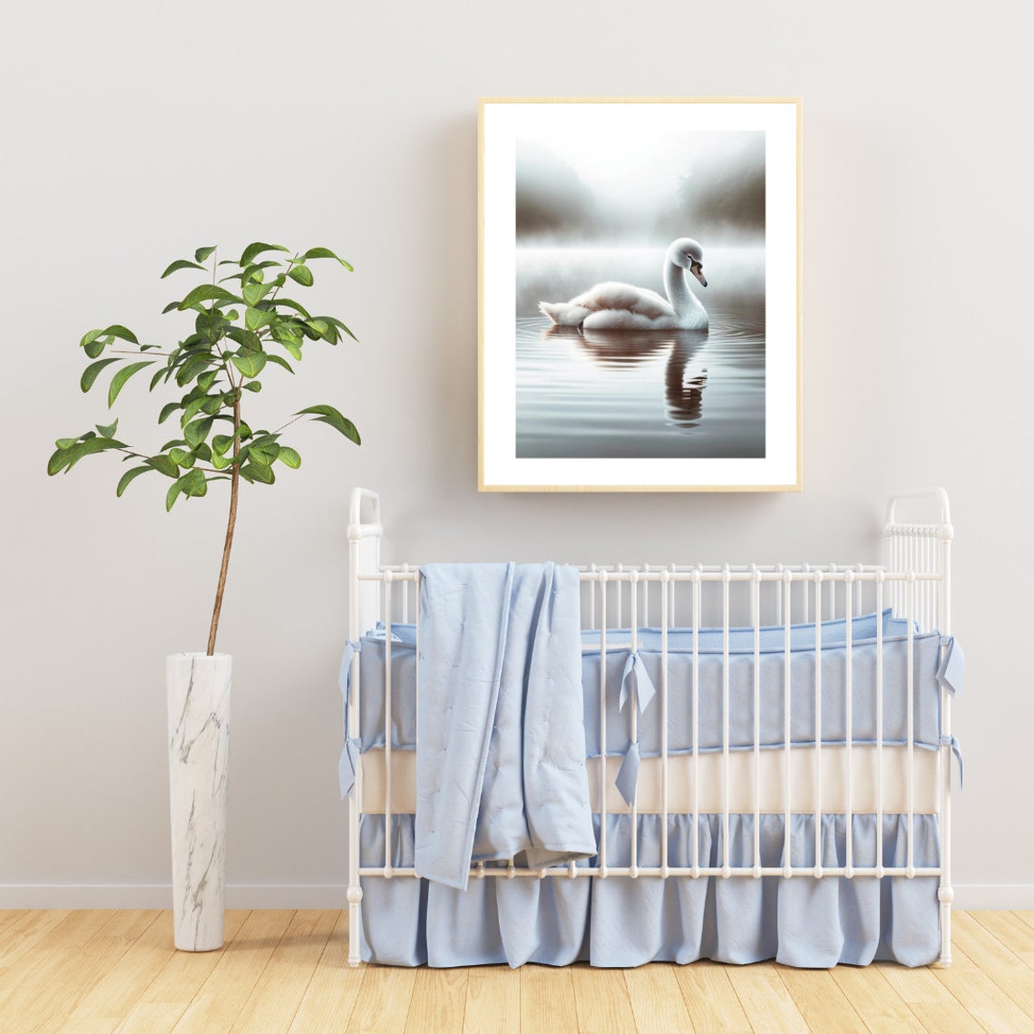 White Swan Misty Lake Calm Water Reflection Grey Nursery Poster
