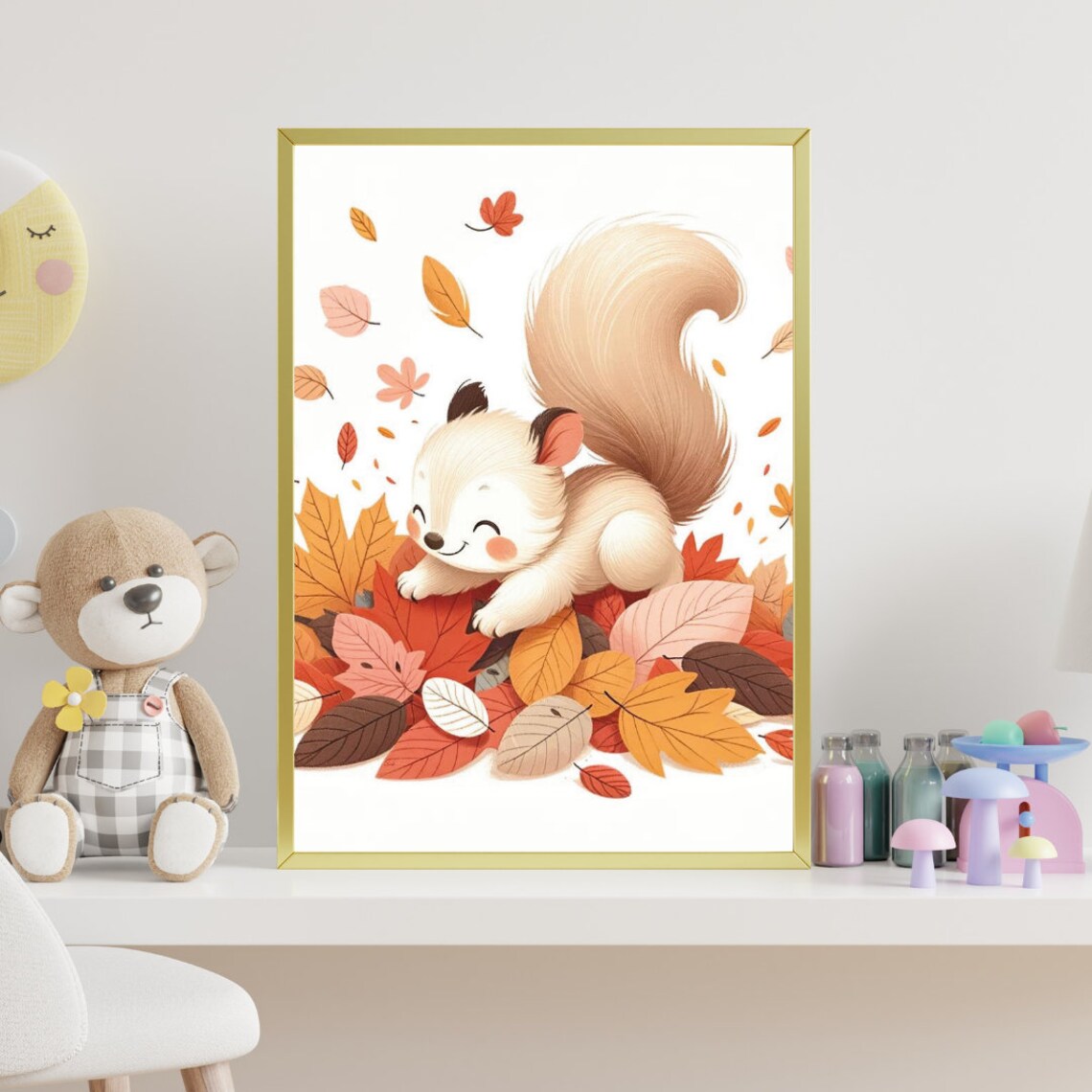 Baby Squirrel Autumn Leaves Playful Fall Forest Cute Nursery Wall Art - Image 2