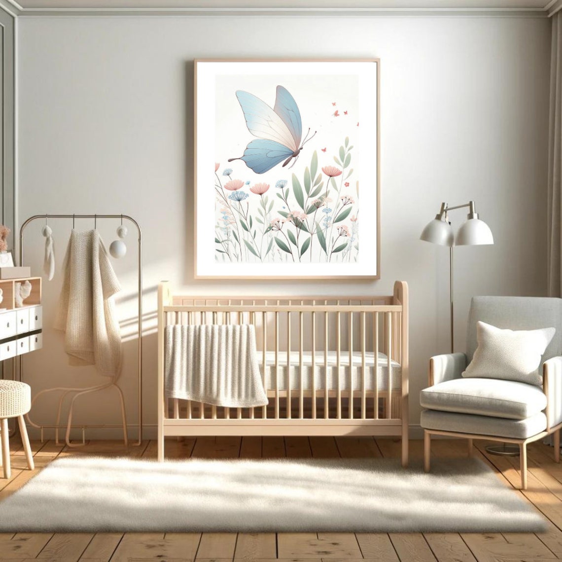 Blue Butterfly Wildflower Meadow Watercolor Kids Room Poster - Image 5