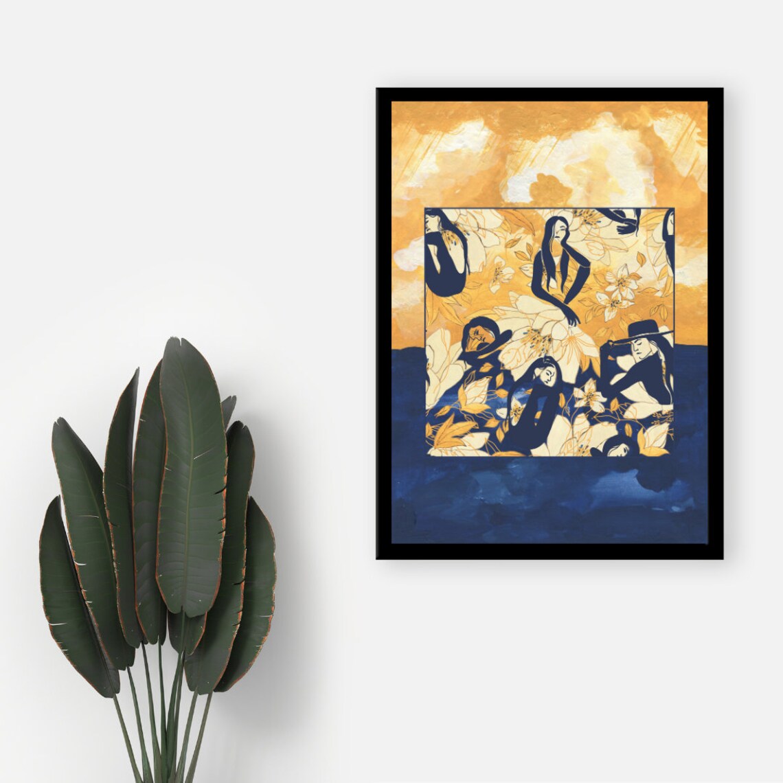 Elegant Navy And Gold Women Among Golden Blooms Contemporary Art Print - Image 5